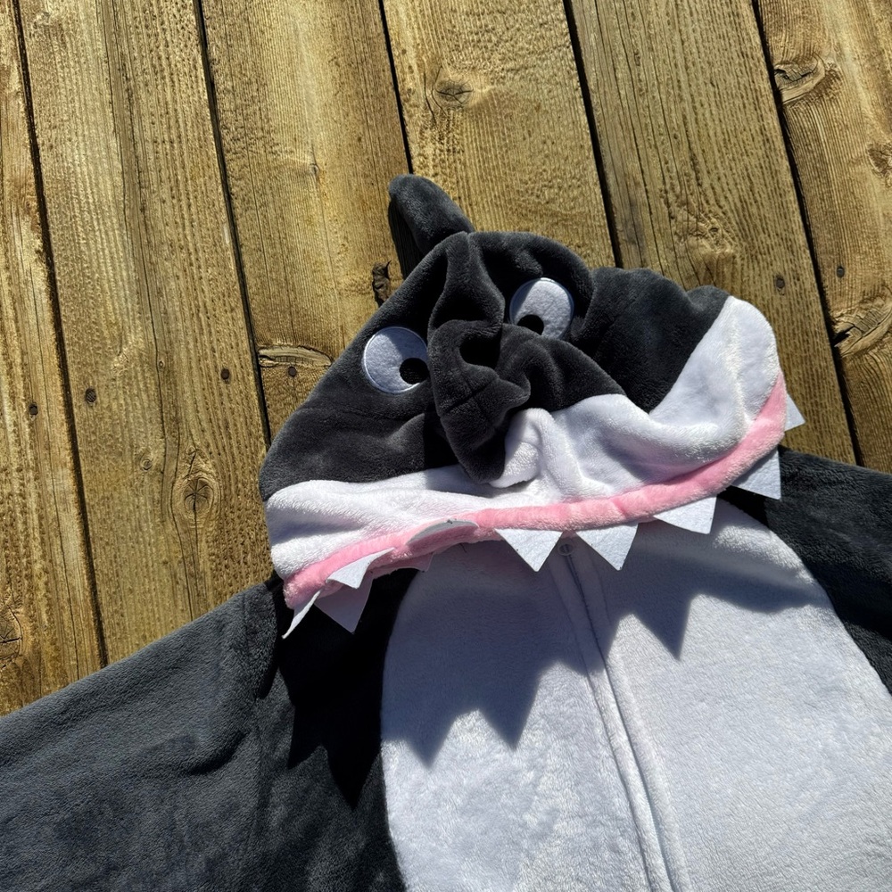 Shark one piece costume, Pj’s zippered front. Fleece. Large perfect condition.